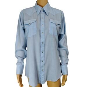70s Blue Micro Check Rockmount Ranch Wear Custom Fitted Western Shirt Size Small